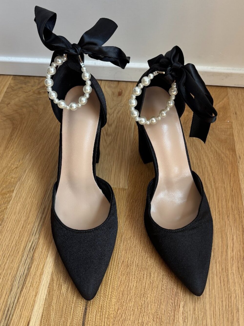 Shein Black Satin Heels with Fake Pearl Adjustable Strap